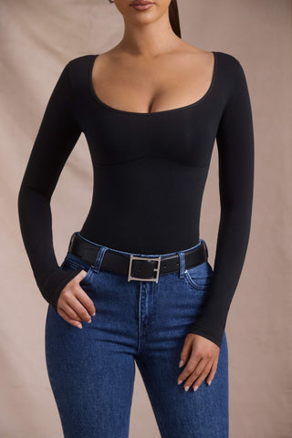 Seamless Long-Sleeve Bodysuit in Black