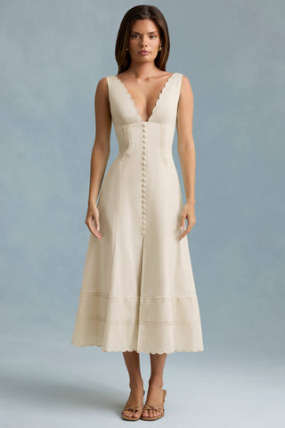 Cotton-Poplin A-Line Midaxi Dress in Ivory