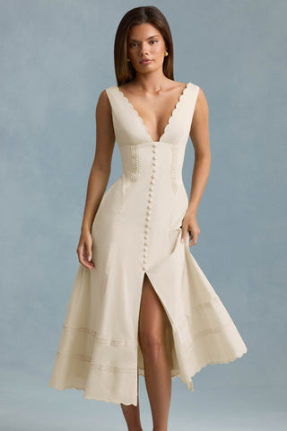 Cotton-Poplin A-Line Midaxi Dress in Ivory