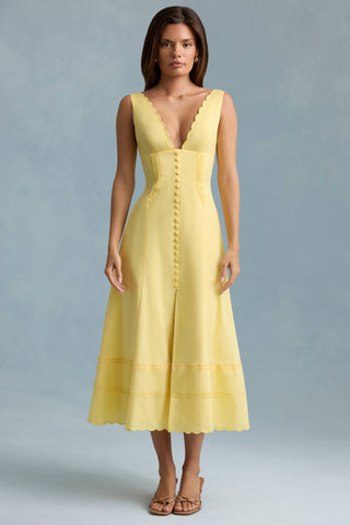 Cotton-Poplin A-Line Midaxi Dress in Pastel Yellow