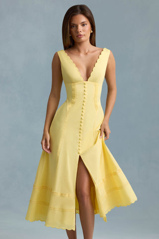 Cotton-Poplin A-Line Midaxi Dress in Pastel Yellow