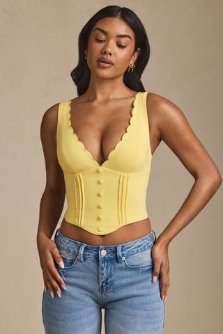 Plunge-Neck Scalloped Corset Top in Pastel Yellow