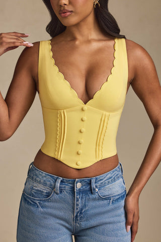 Plunge-Neck Scalloped Corset Top in Pastel Yellow
