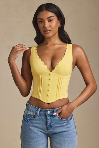 Plunge-Neck Scalloped Corset Top in Pastel Yellow