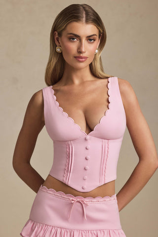 Plunge-Neck Scalloped Corset Top in Soft Pink