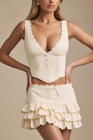 Layered Ruffled Low-Rise Mini Skirt in Ivory