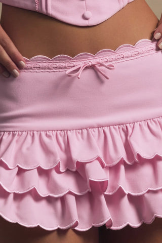 Layered Ruffled Low-Rise Mini Skirt in Soft Pink