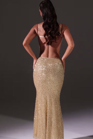 Embellished Cut-Out Gown in Gold