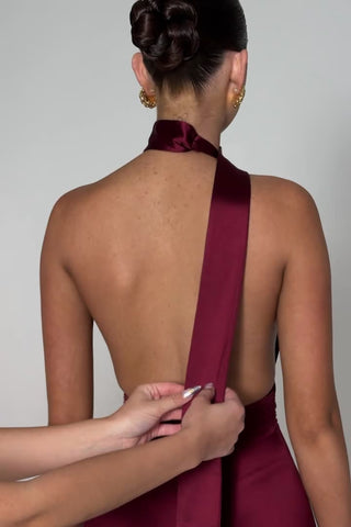 Scarf-Detail Halterneck Jumpsuit in Wine Red