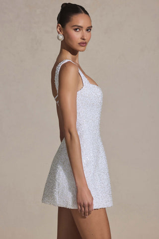 Embellished Structured A-Line Mini Dress in White