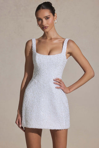 Embellished Structured A-Line Mini Dress in White