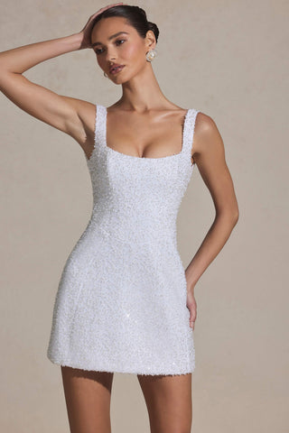 Embellished Structured A-Line Mini Dress in White