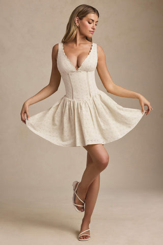 Broderie Anglaise Bow-Detail A-Line Mini Dress in Ivory