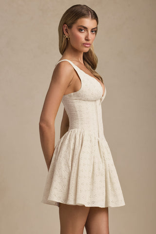 Broderie Anglaise Bow-Detail A-Line Mini Dress in Ivory