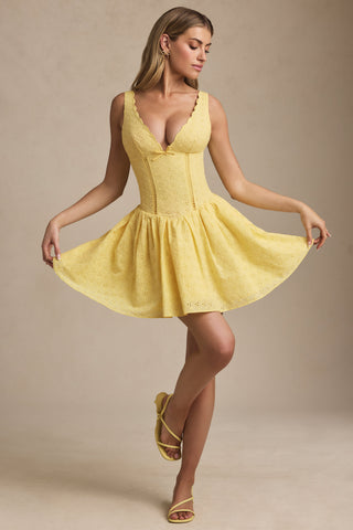 Broderie Anglaise Bow-Detail A-Line Mini Dress in Pastel Yellow