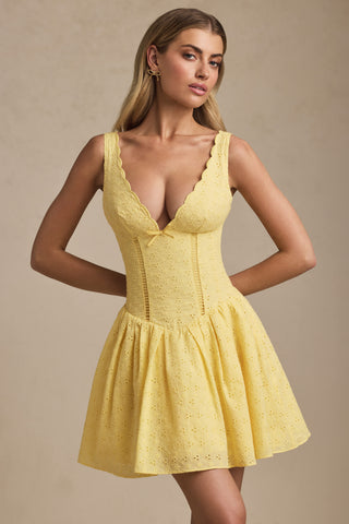 Broderie Anglaise Bow-Detail A-Line Mini Dress in Pastel Yellow