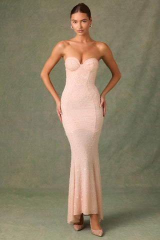 Embellished Sweetheart-Neck Fishtail Gown in Dusty Rose