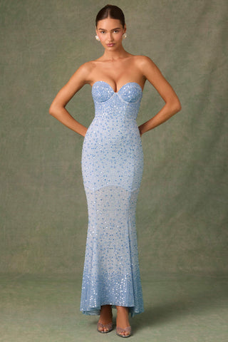 Embellished Sweetheart-Neck Fishtail Gown in Sky Blue