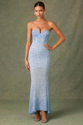 Embellished Sweetheart-Neck Fishtail Gown in Sky Blue