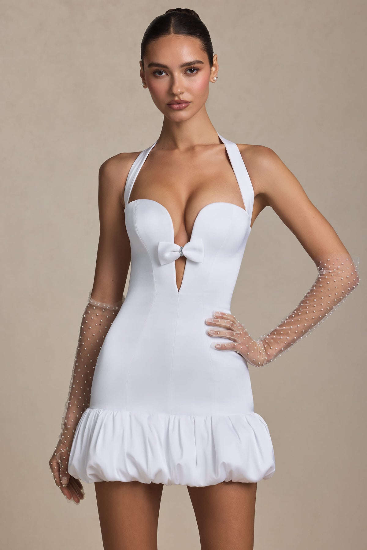 Bow-Detail Halterneck Bubble Hem Mini Dress in White