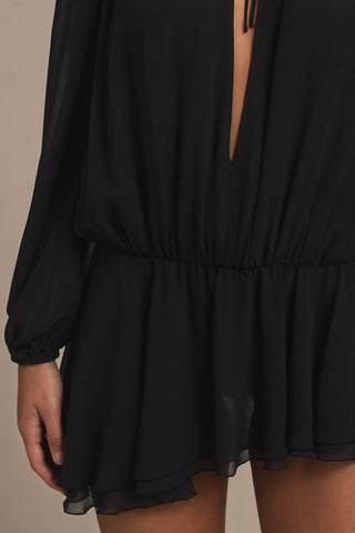 Off-Shoulder Asymmetric Balloon-Sleeve Mini Dress in Black