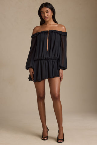 Off-Shoulder Asymmetric Balloon-Sleeve Mini Dress in Black