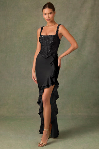 Embellished Ruffle-Trim Corset Gown in Black
