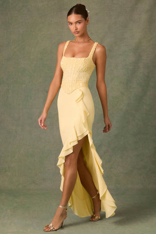 Embellished Ruffle-Trim Corset Gown in Yellow