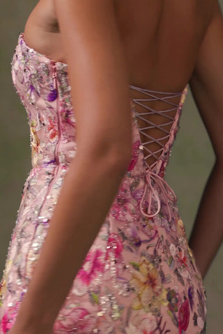 Embellished Convertible Lace-Up Gown in Floral Pink