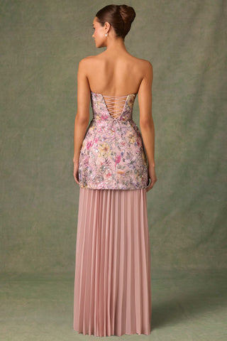 Embellished Convertible Lace-Up Gown in Floral Pink