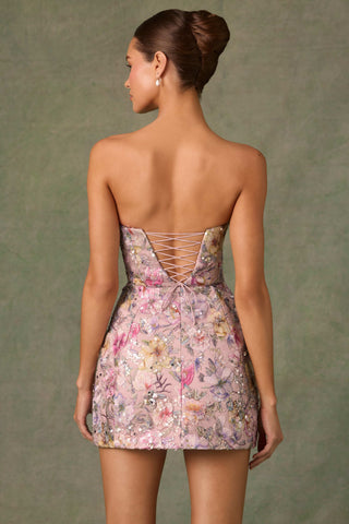 Embellished Convertible Lace-Up Gown in Floral Pink