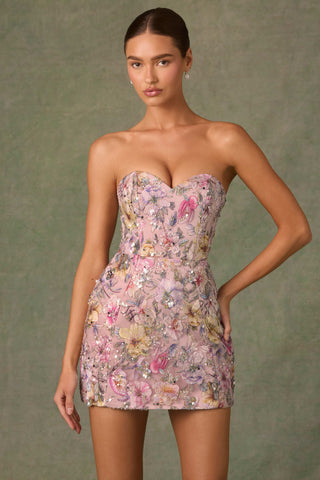 Embellished Convertible Lace-Up Gown in Floral Pink