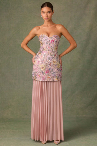 Embellished Convertible Lace-Up Gown in Floral Pink