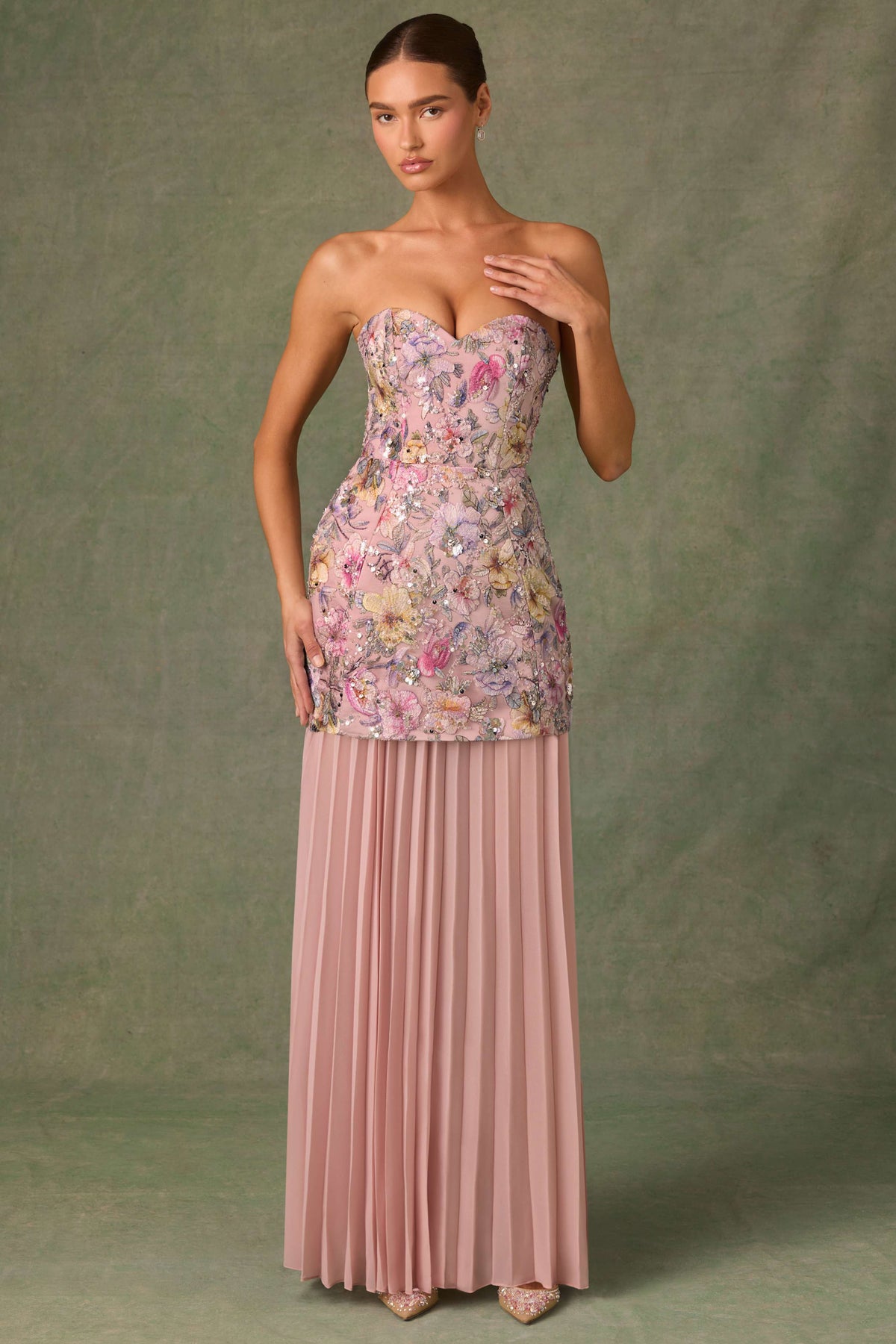 Embellished Convertible Lace-Up Gown in Floral Pink