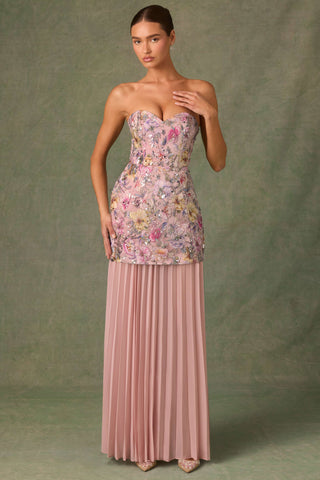 Embellished Convertible Lace-Up Gown in Floral Pink