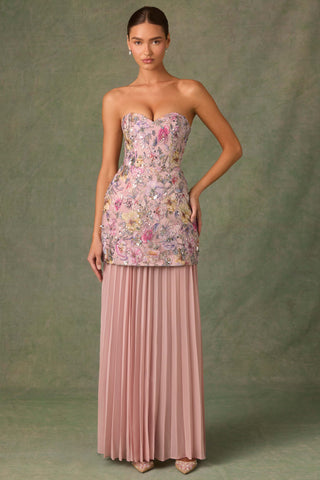 Embellished Convertible Lace-Up Gown in Floral Pink