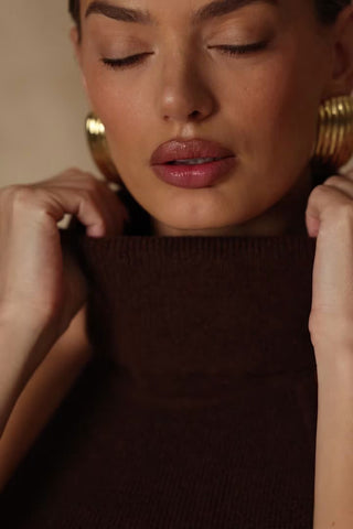 Ribbed-Knit Turtleneck Backless Maxi Dress in Espresso