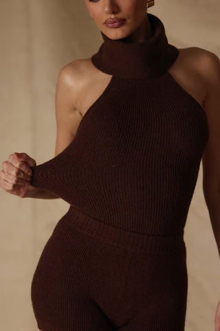 Ribbed-Knit Turtleneck Backless Top in Espresso