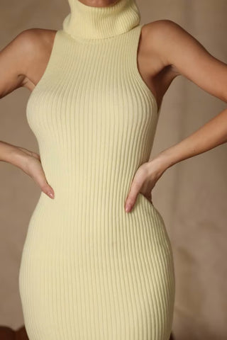 Ribbed-Knit Turtleneck Mini Dress in Butter Yellow