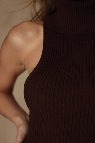 Ribbed-Knit Turtleneck Mini Dress in Espresso