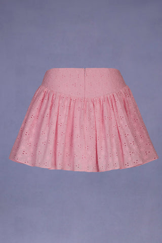 Bow-Detail Broderie Anglaise Mini Skirt in Soft Pink