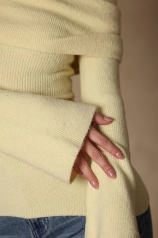Ribbed-Knit Asymmetric Off-Shoulder Jumper in Butter Yellow