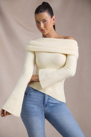 Ribbed-Knit Asymmetric Off-Shoulder Jumper in Butter Yellow