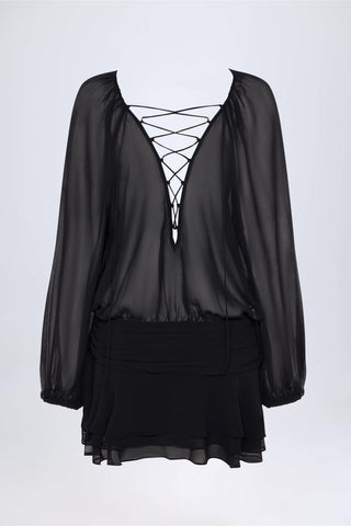 Lace-Up Balloon-Sleeve Mini Dress in Black