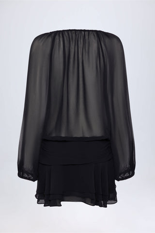 Lace-Up Balloon-Sleeve Mini Dress in Black