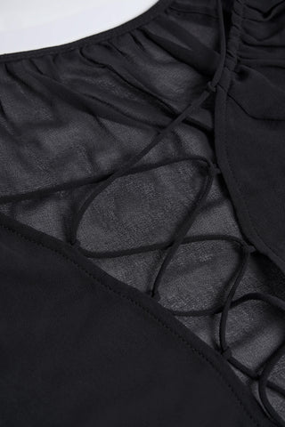 Lace-Up Balloon-Sleeve Mini Dress in Black