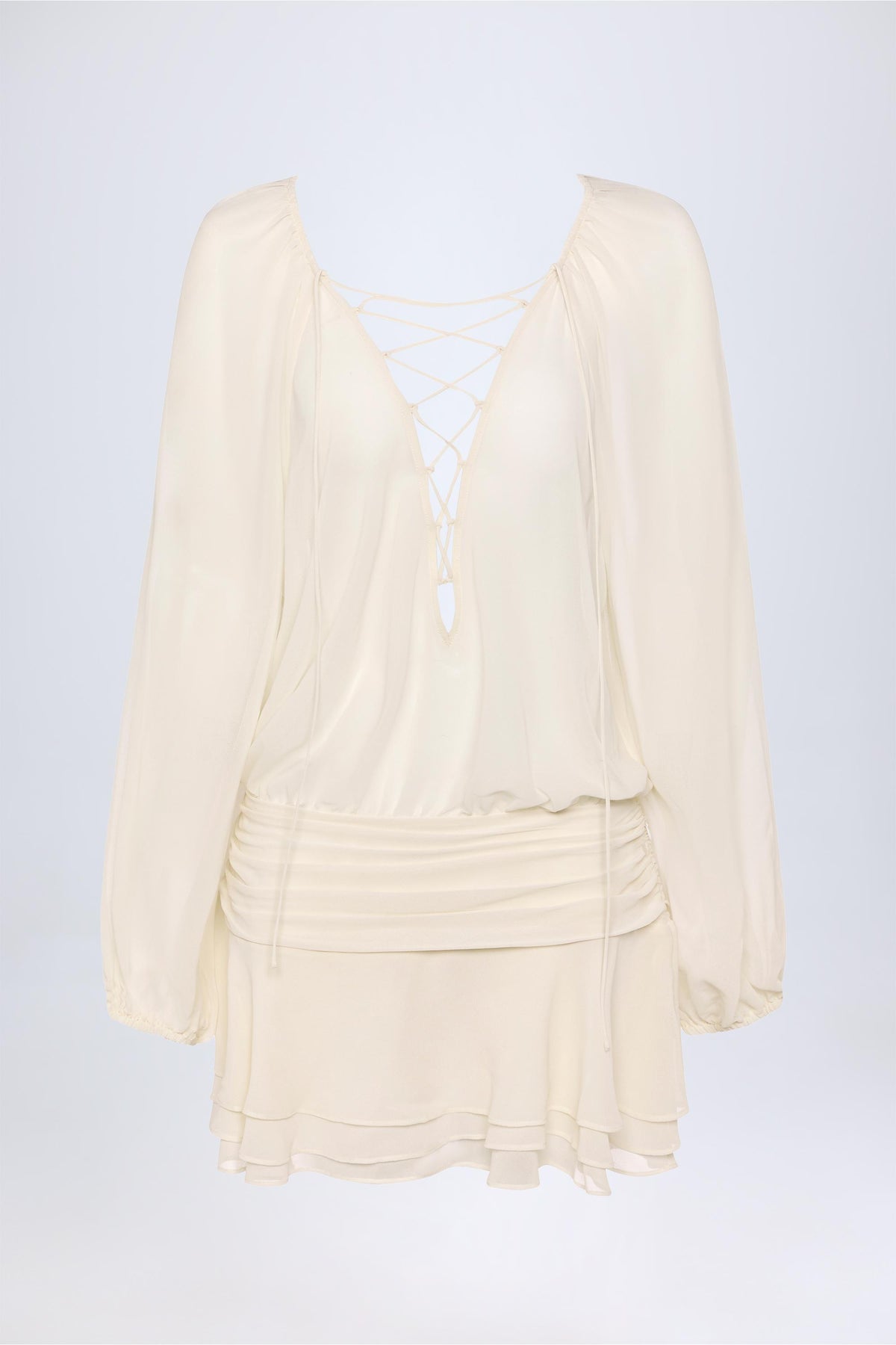 Lace-Up Balloon-Sleeve Mini Dress in Ivory