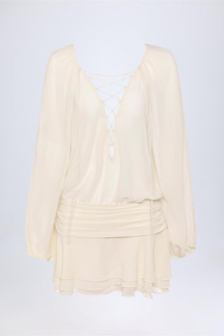 Lace-Up Balloon-Sleeve Mini Dress in Ivory