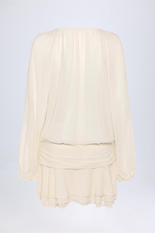 Lace-Up Balloon-Sleeve Mini Dress in Ivory