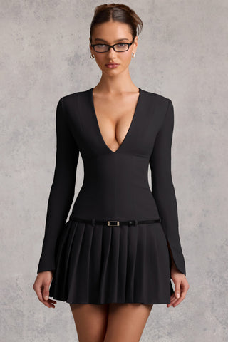 Long-Sleeve Pleated Mini Dress in Black